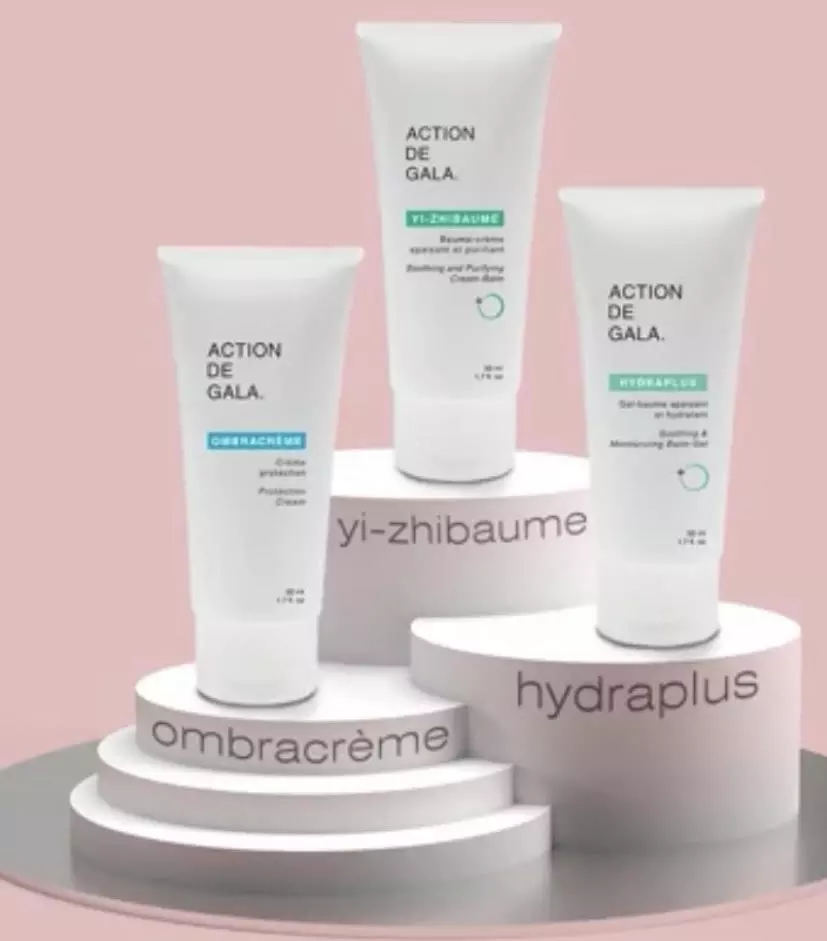 Produits de la marque Action de Gala disponibles au Salon Esthétique Entre-Nous à Saint-Georges, en Beauce. Gamme professionnelle de soins esthétiques haut de gamme pour l'hydratation, l'anti-âge, la régénération cutanée et le bien-être de la peau, adaptés à tous les types de peau.
